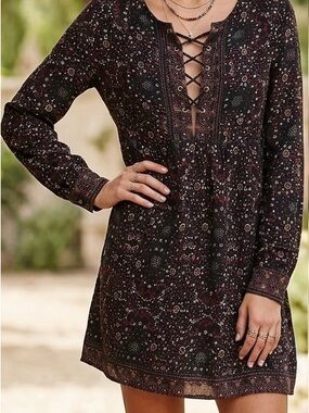 Bluenotes Rayon Boho Lace-Up Front Peasant Tunic Dress / Blouse - Size Large